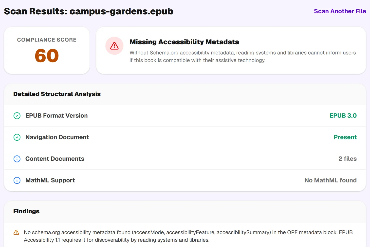 EPUB scanner results for a sample EPUB 3 book: compliance score 60, accessibility metadata missing, navigation document present, and the findings list.