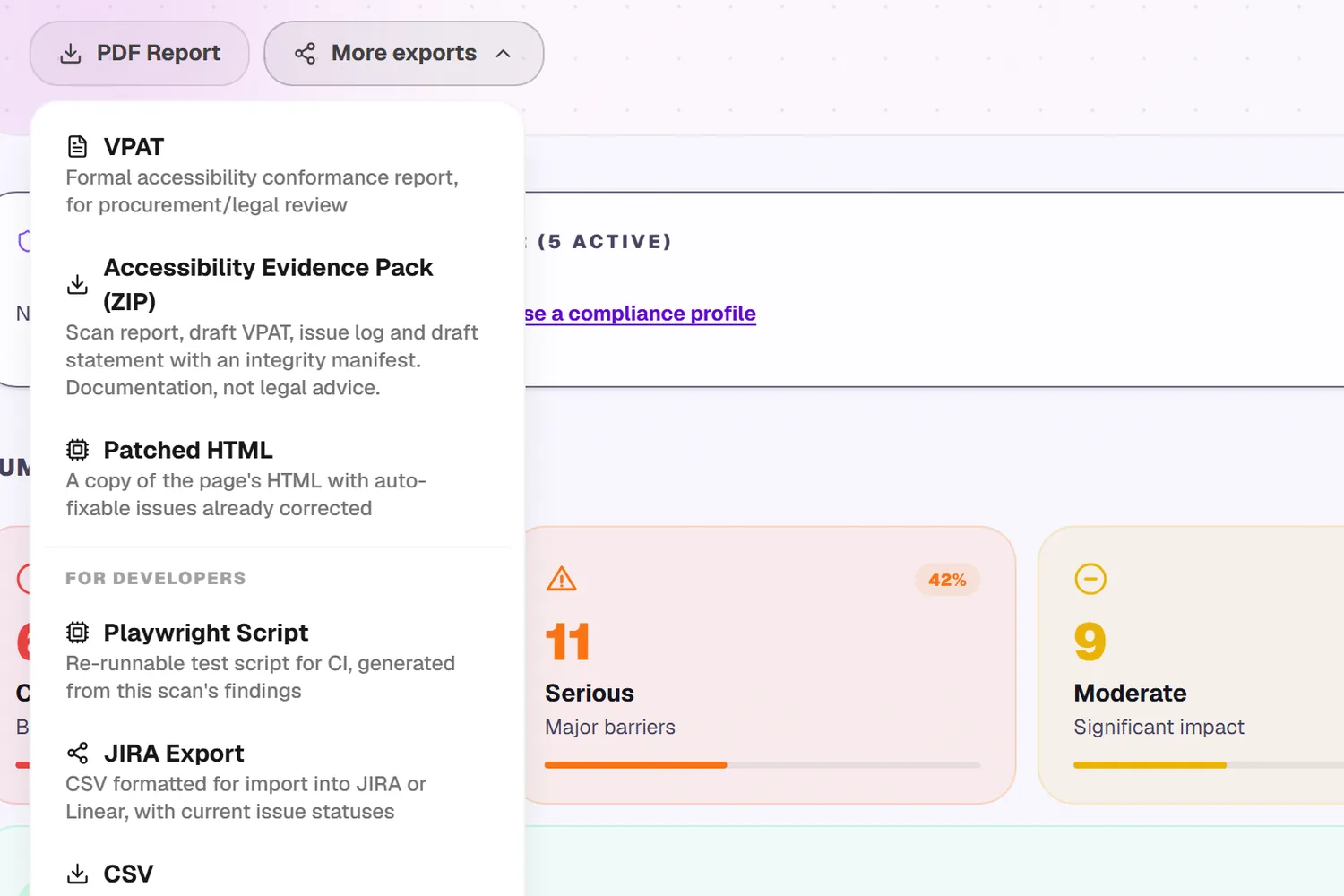 The export menu of a real AccessiSight report: VPAT, an evidence pack (ZIP), patched HTML, and for developers a Playwright script for CI and a CSV for Jira or Linear.