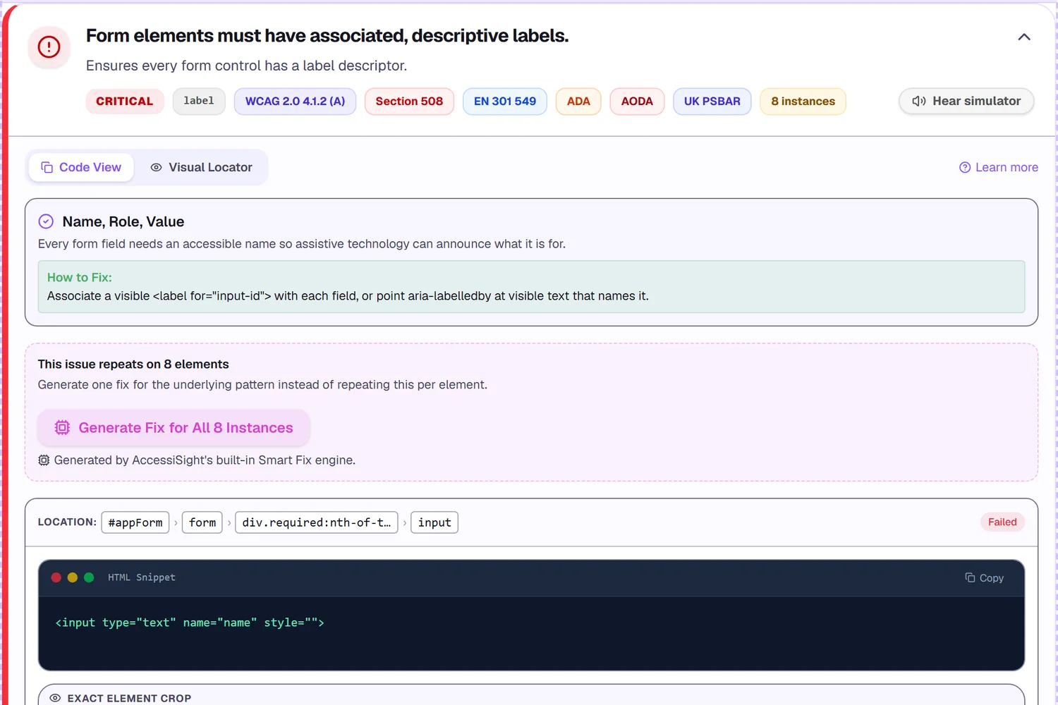 A finding in a real AccessiSight report: form fields with no label, marked critical and mapped to WCAG 4.1.2, Section 508, EN 301 549 and other laws, with how to fix it and the exact element and its HTML.