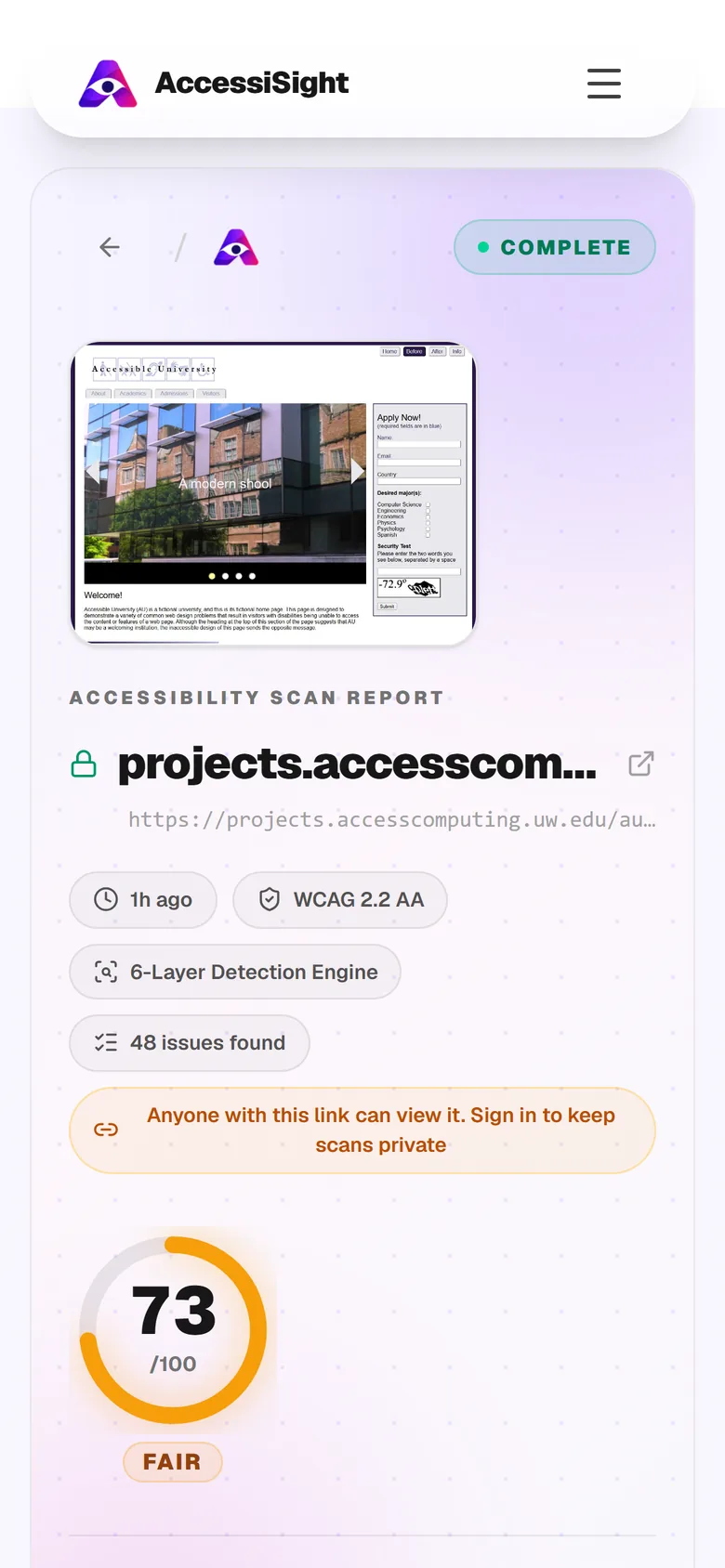 An AccessiSight report open on a phone: the Accessible University demo page scores 73 out of 100, with 48 issues found.