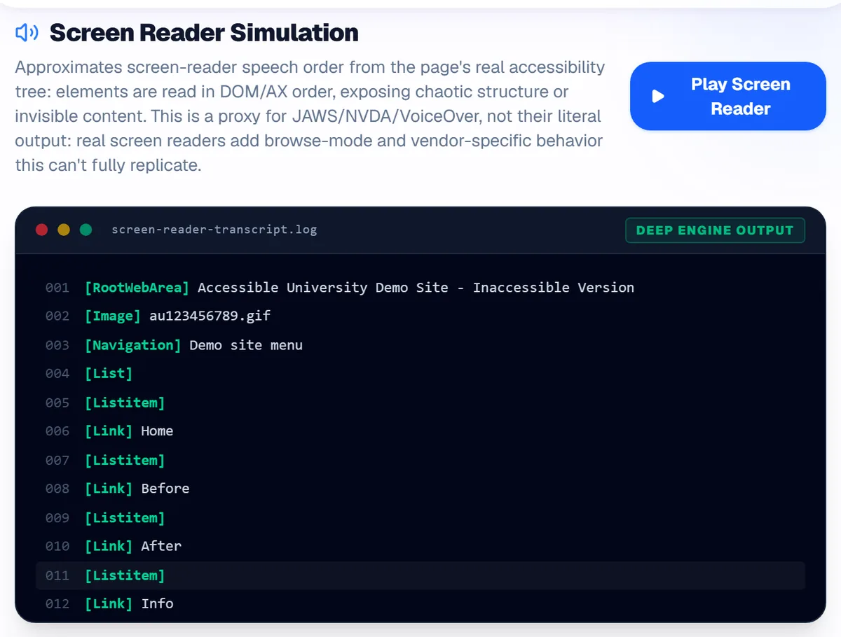 Screen reader simulation from a real AccessiSight report: the page’s logo is read out as its file name, au123456789.gif, followed by the menu links.