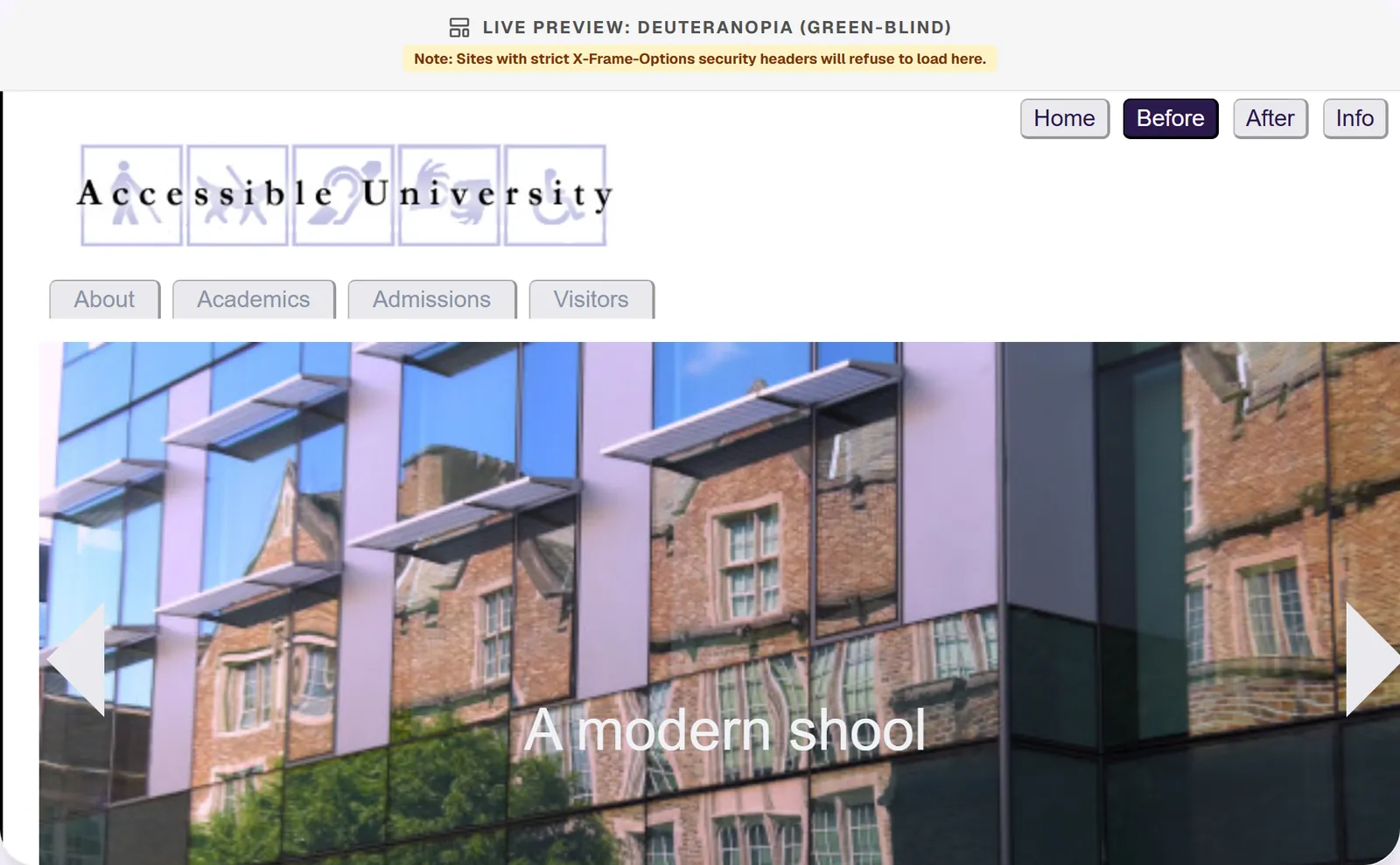 The vision simulator showing the Accessible University demo page the way a person with deuteranopia (green-blindness) sees it.
